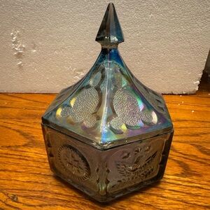 Indiana Glass Iridescent Blue Carnival Covered Candy Dish Tent Lid Eagles Stars